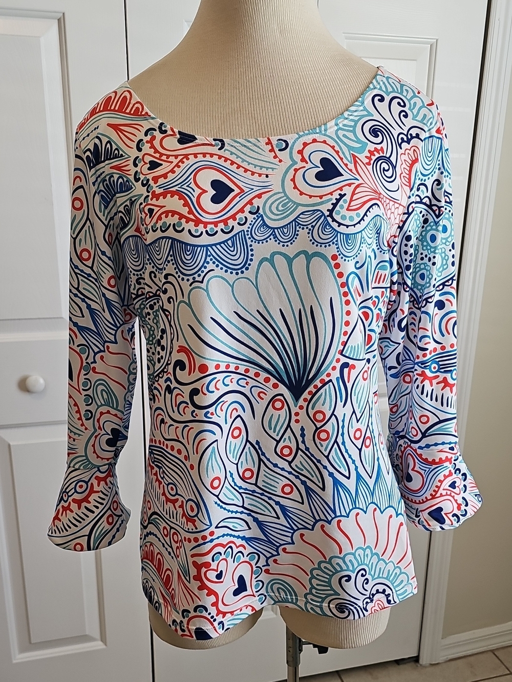 Beacon Hill Women's Multicolor Paisley Boatneck Top - Blue/Red/Teal. Meduim.